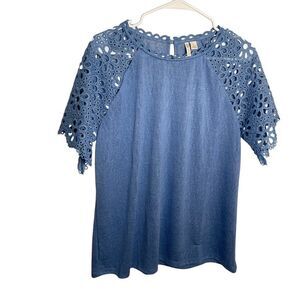 Cato Blouse Women's Large Blue Short Sleeve Lace Boho Shirt Top Casual